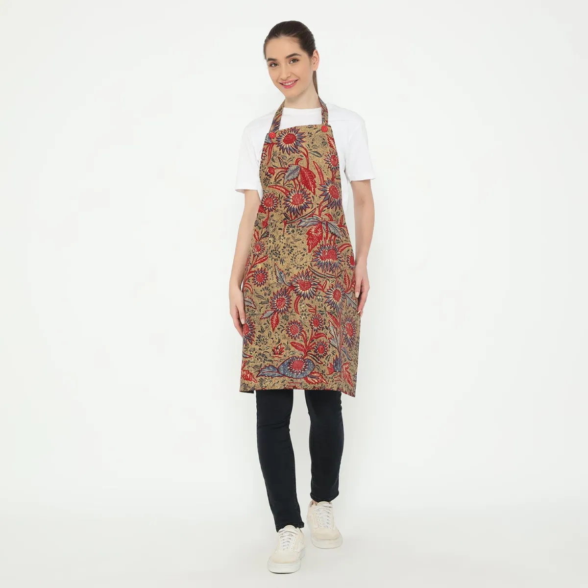 Batik Bloom Apron, a washable home textile in vibrant batik fabric