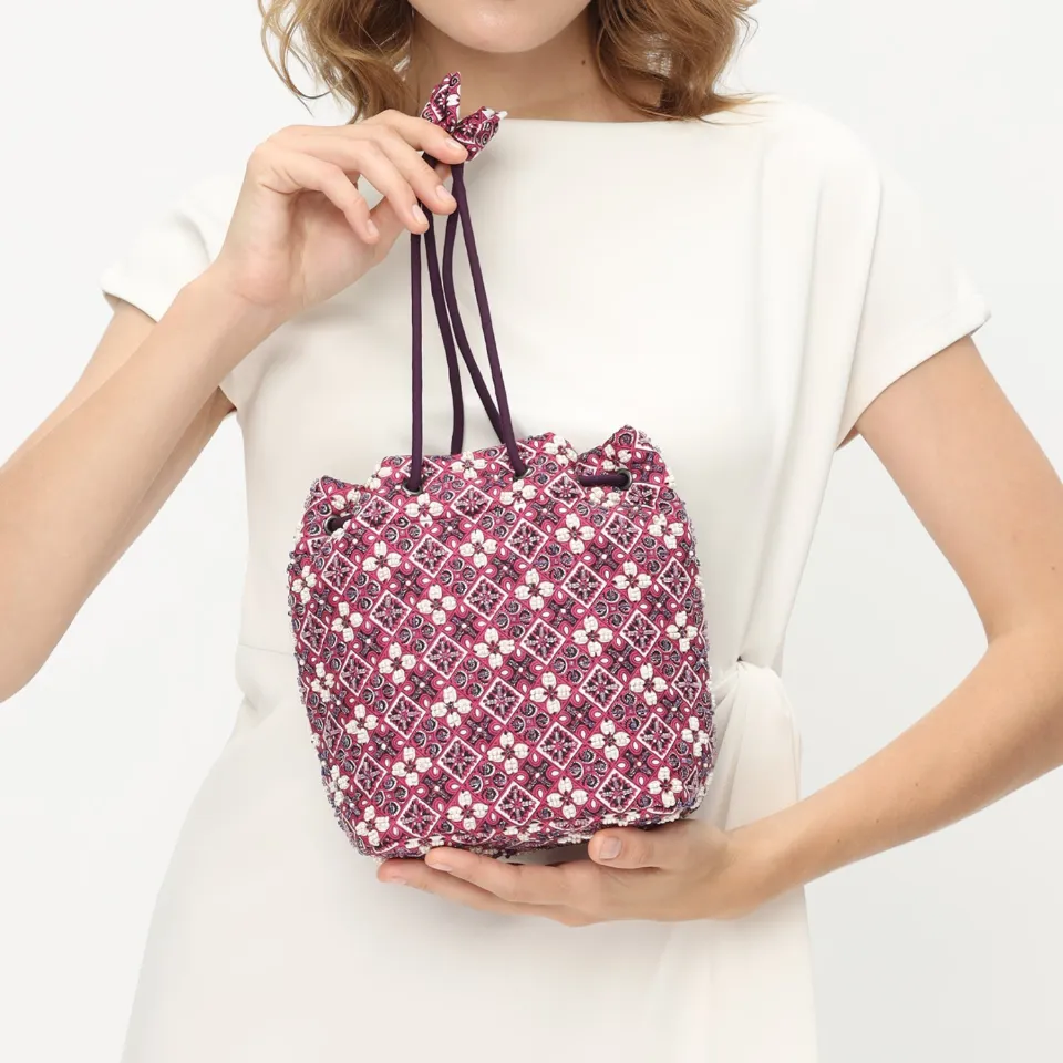 Amethyst Batik Charm drawstring bag in purple and pink batik with beaded detailing