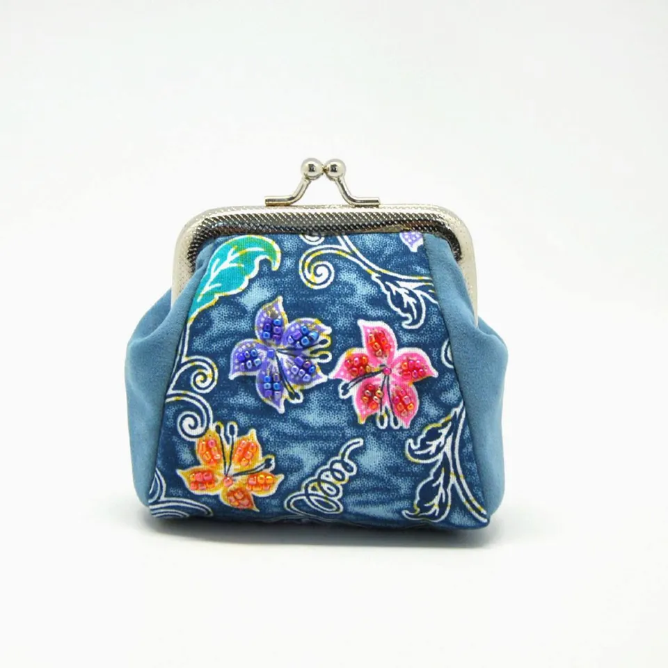 Batik Coin Purse Blue Floral, blue floral clasp purse