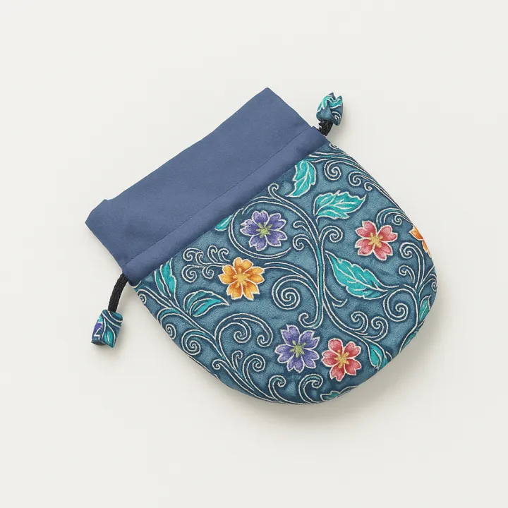 Batik Drawstring Pouch - Blue Floral, blue floral cotton pouch — detail 2