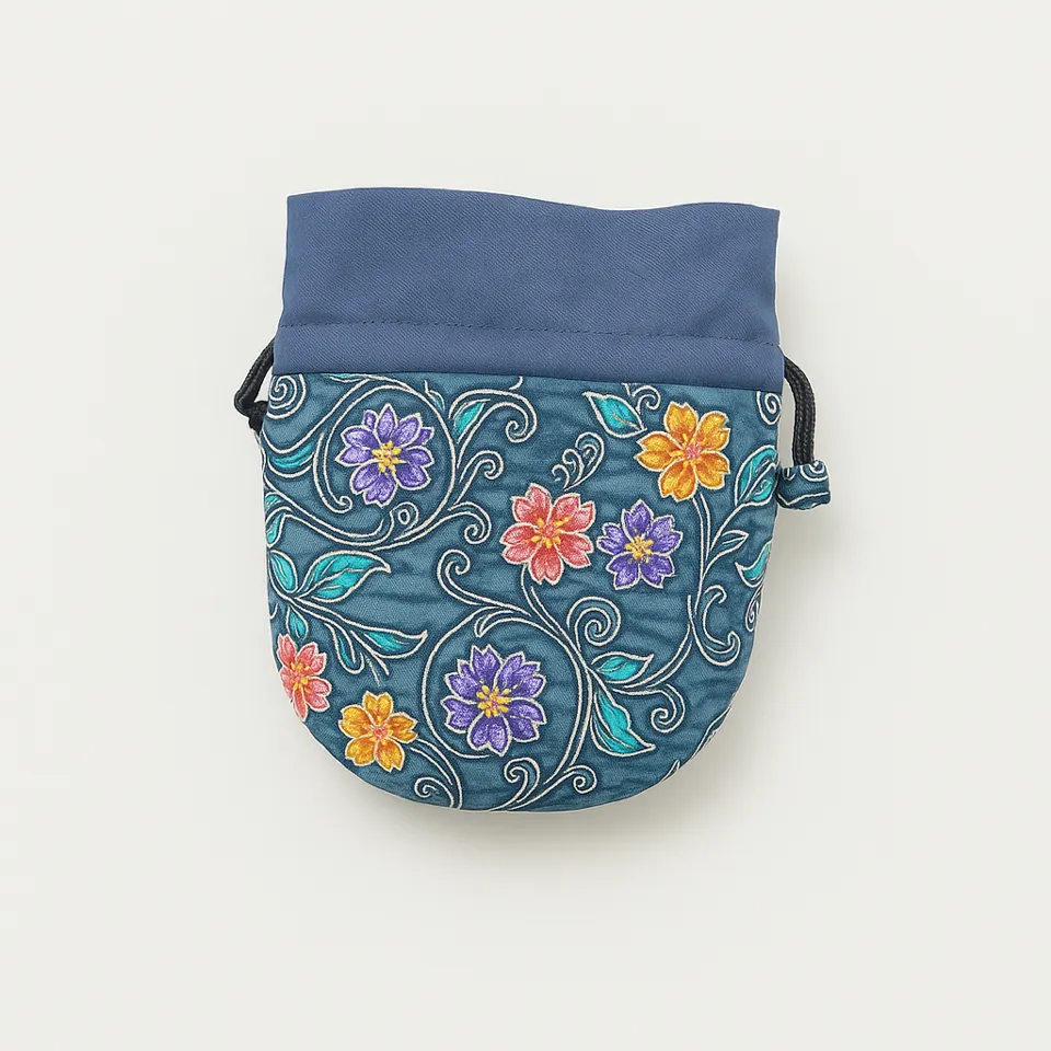 Batik Drawstring Pouch - Blue Floral, blue floral cotton pouch