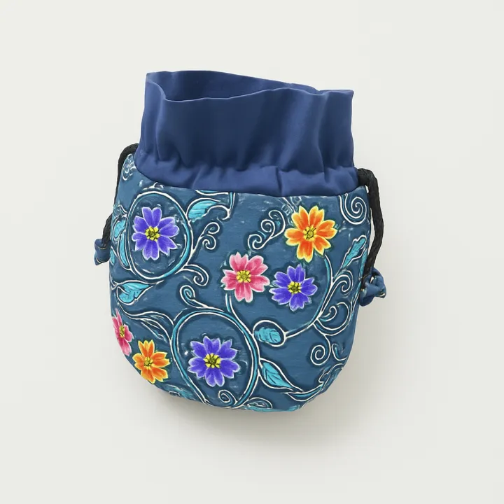 Batik Drawstring Pouch - Blue Floral, blue floral cotton pouch — detail 3