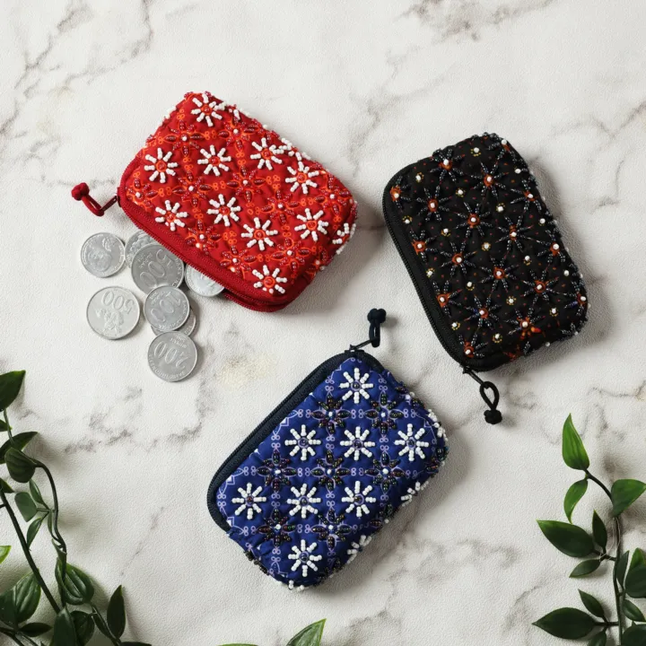 Handcrafted Beaded Batik Coin Pouch, zip pouch — detail 2