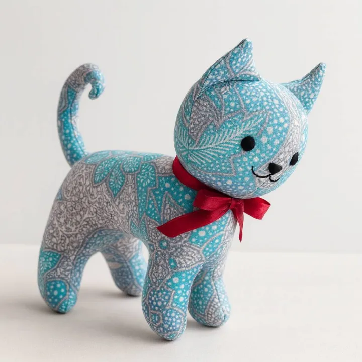 Batik Sky Kitty, handmade batik plush cat — detail 2