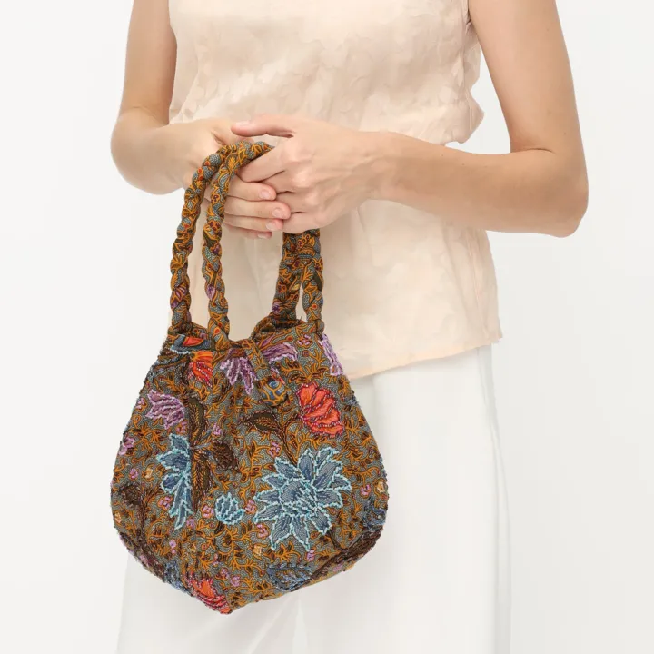 Beaded Blossom, batik handbag with braided handles — detail 2