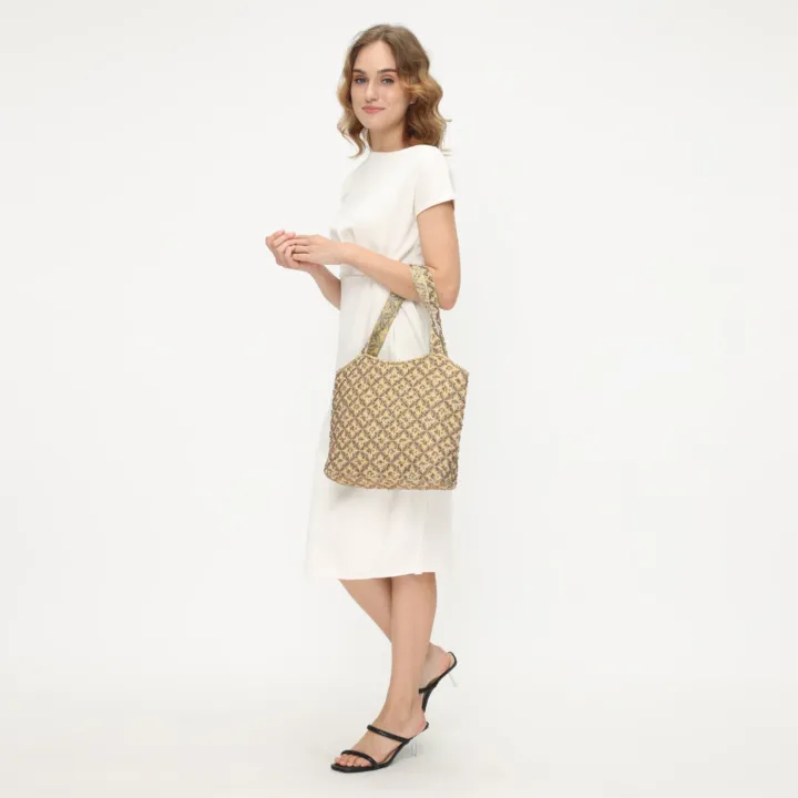 Golden Vine Tote, beaded batik shoulder bag — detail 5