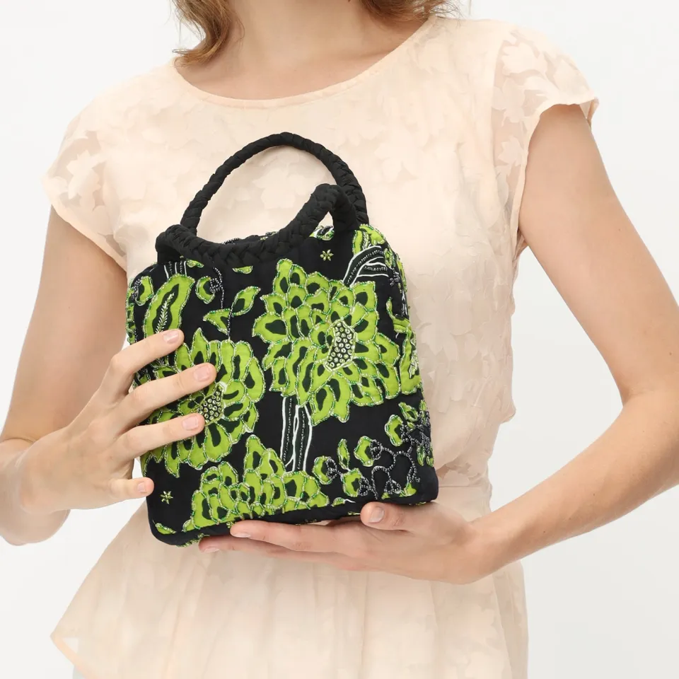 Jade Garden Beaded, green floral batik handbag