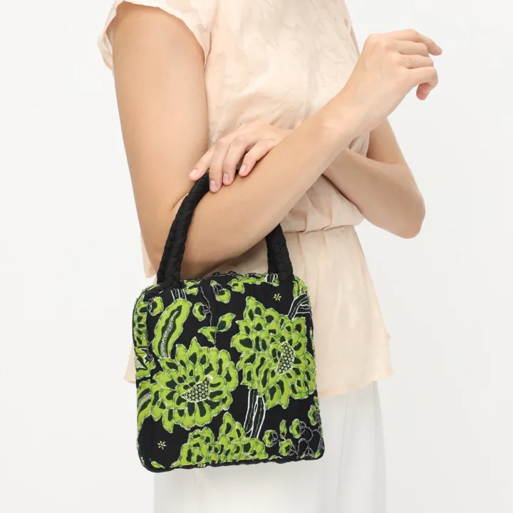 Jade Garden Beaded, green floral batik handbag — detail 2